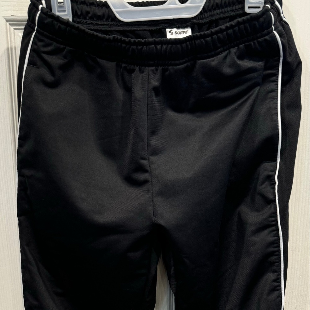 SOFFE L woman  black athletic pants white pen stripping on sides front pockets
